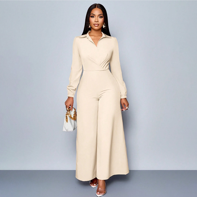 2025 otoño nuevo comercio exterior Europa y Estados Unidos ropa de mujer de color sólido manga larga collar cintura delgada piernas anchas pantalones