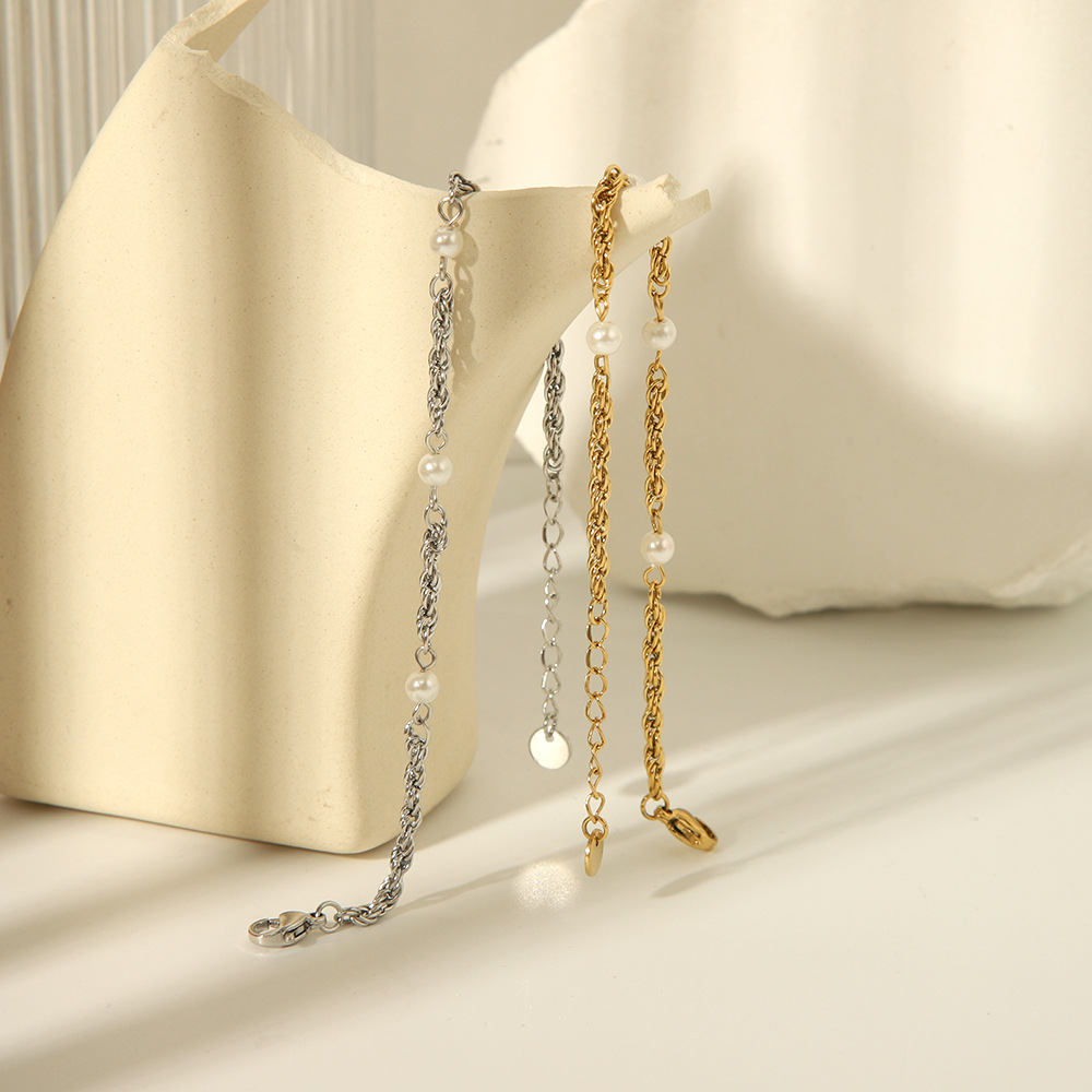 Edelstahl 304 18 Karat Vergoldet Basic Einfacher Stil Pendeln Überzug Inlay Geometrisch Künstliche Perlen Armbänder display picture 6