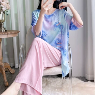 夏季印花睡衣女士新中式大码薄款宽松家居服中袖长裤套装可外穿