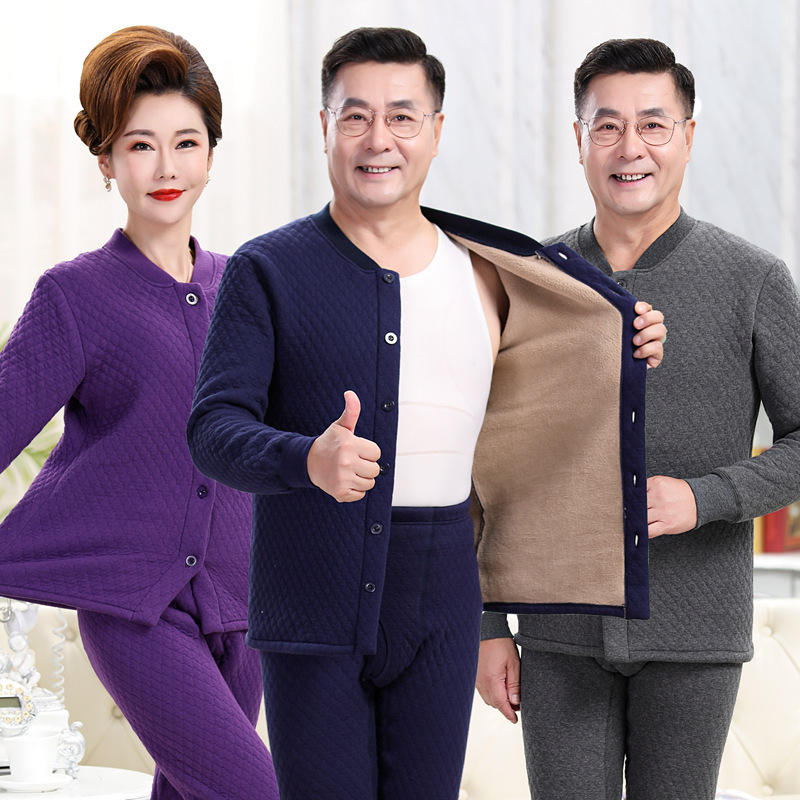 Middle-aged and elderly men's cashmere cardigan thermal underwear suit fleece-lined thickened winter mom autumn clothes long pants cardigan