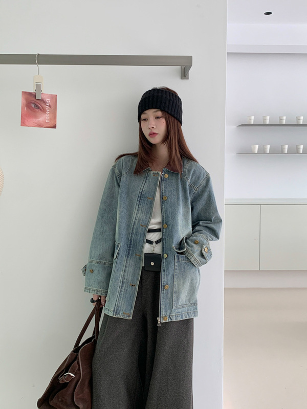 GAGD 法式复古做旧牛仔外套女 2025秋季中长款撞色拼接短夹克上衣|undefined