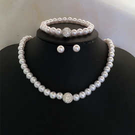 欧美香巴拉钻 珍珠项链新娘手链耳环三件套套装婚礼项链首饰女