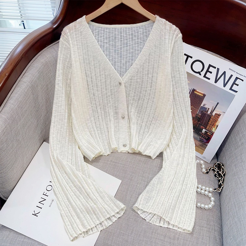 Ice Silk Short V-neck Knitted Cardigan Women's Summer New Long-sleeved Thin Sun-protective Shirt Outer Collocation Slip Skirt Shawl