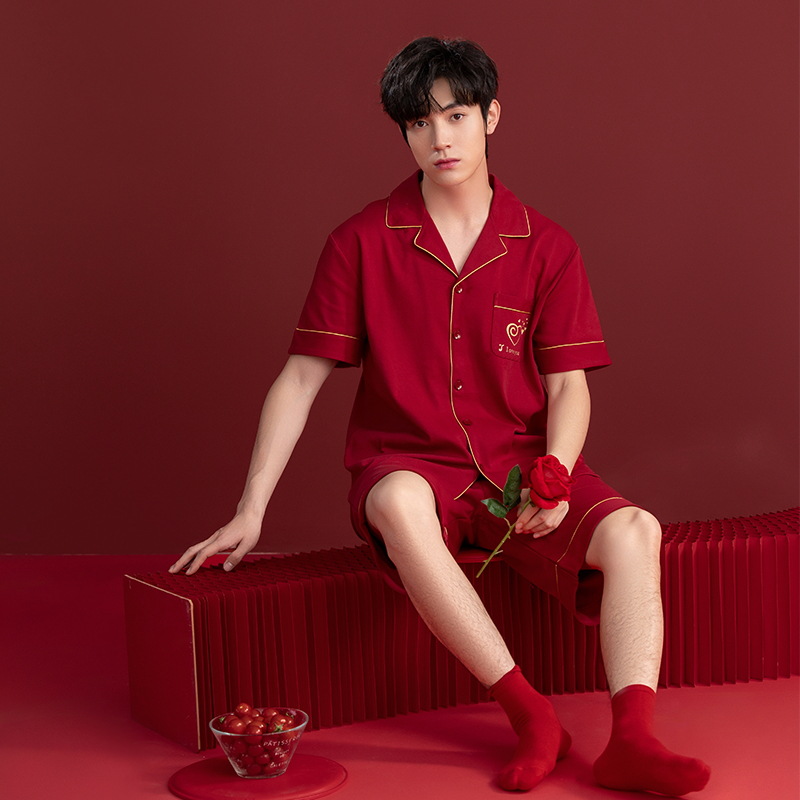 Pijamas de boda para recién casados 2025 para hombre, conjunto de verano de algodón puro de manga corta y pantalones cortos, holgado, rojo brillante, para el hogar, con diseño del año del zodiaco