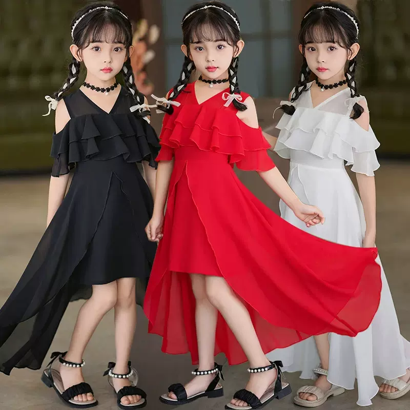 女童连衣裙夏季2025新款儿童雪纺裙露肩中长款洋气小女孩碎花裙子