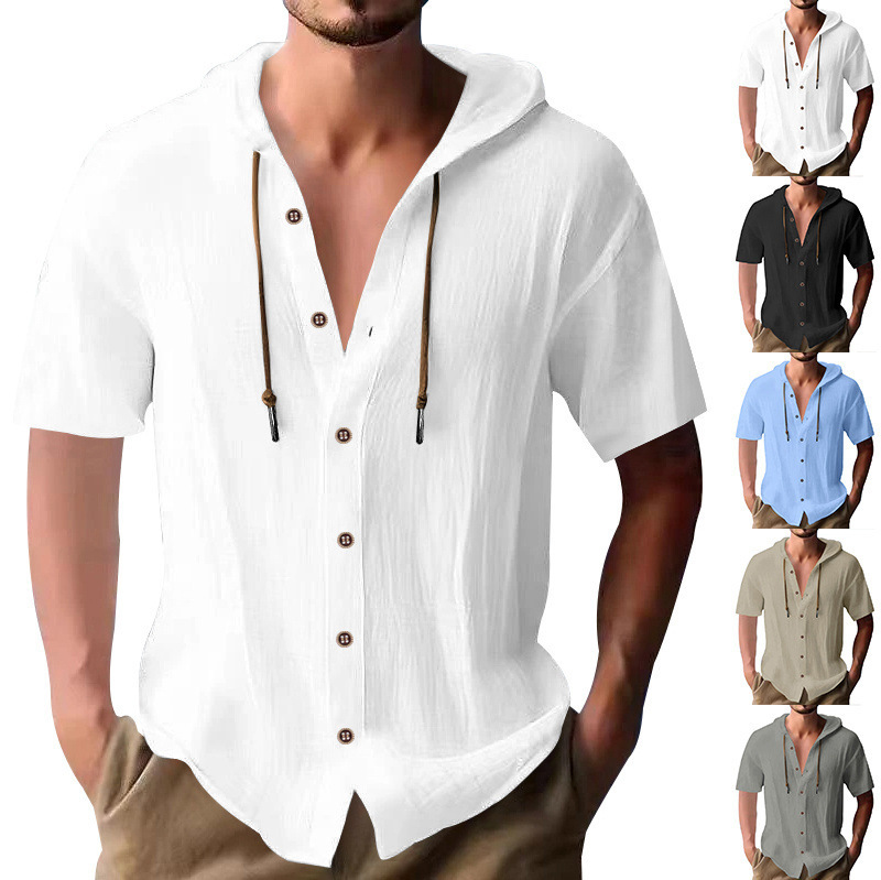 Cross-Border Amazon American Summer Men's Thin Breathable Linen Ami Khaki Loose Hooded Short-Sleeved Shirt for Men