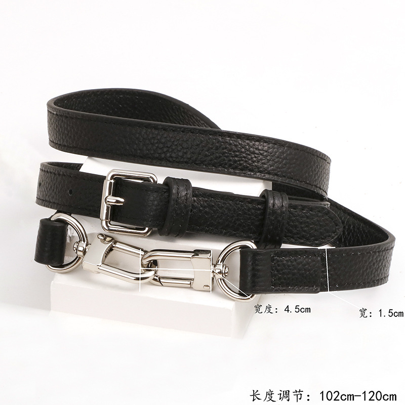 Premium cowhide lychee pattern black 1.9cm shoulder strap silver buckle