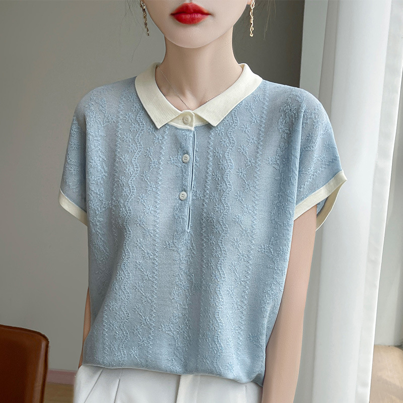 25 Summer Silk Linen Contrasting Color Lapel Bright Diamond Bow Elegant Knitted Short-Sleeved Women's T-Shirt T-Shirt New High-End Sense