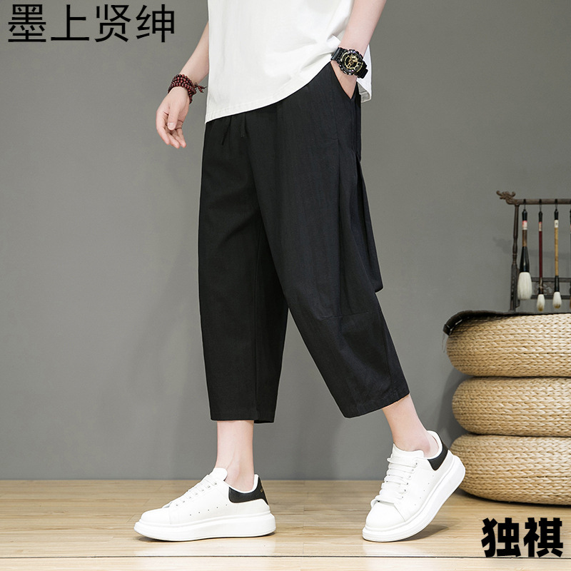 Pantalones cortos de lino, pantalones finos de verano para hombres, pantalones rectos sueltos, pantalones de 7 puntos de algodón y lino de estilo chino, pantalones cortos casuales