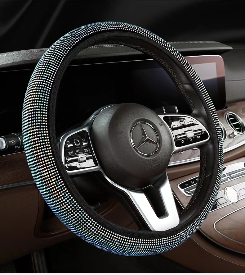 Car Steering Wheel Protective Cover, Universal Rhinestone-Encrusted Steering Wheel Cover, Elastic, No Inner Ring, Fully Covered with Rhinestones, Car Handle Cover