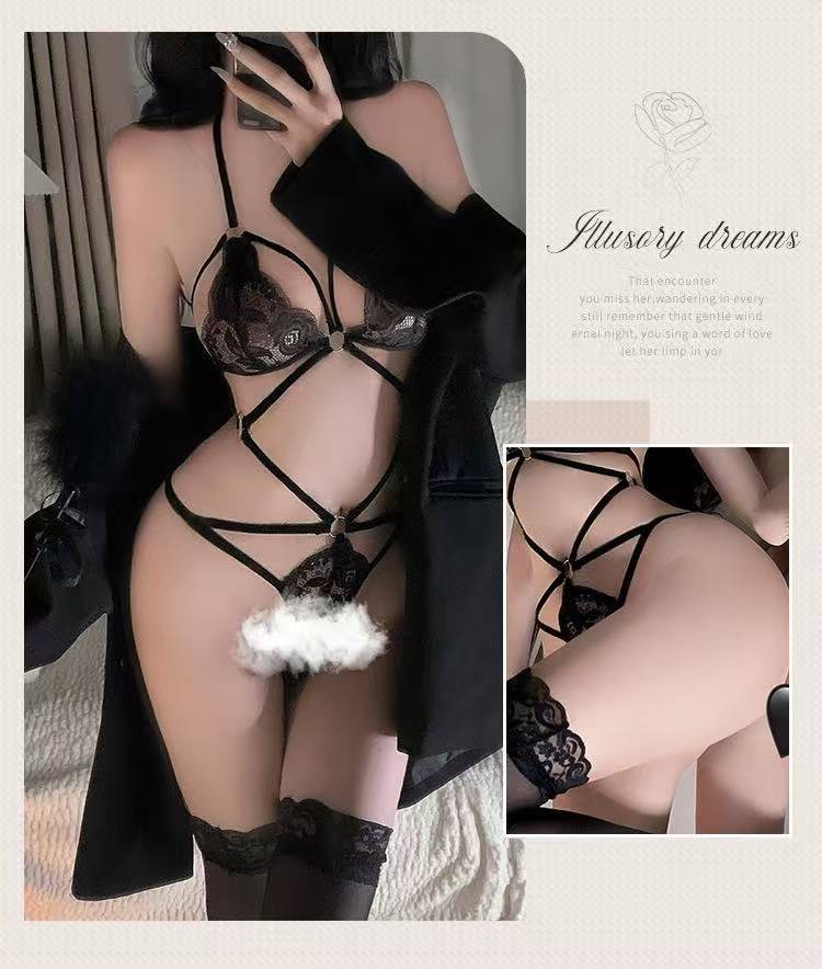 Lace Three-Point Bra Lingerie Set with Black Stockings, Polyester, One Size — detail image 6