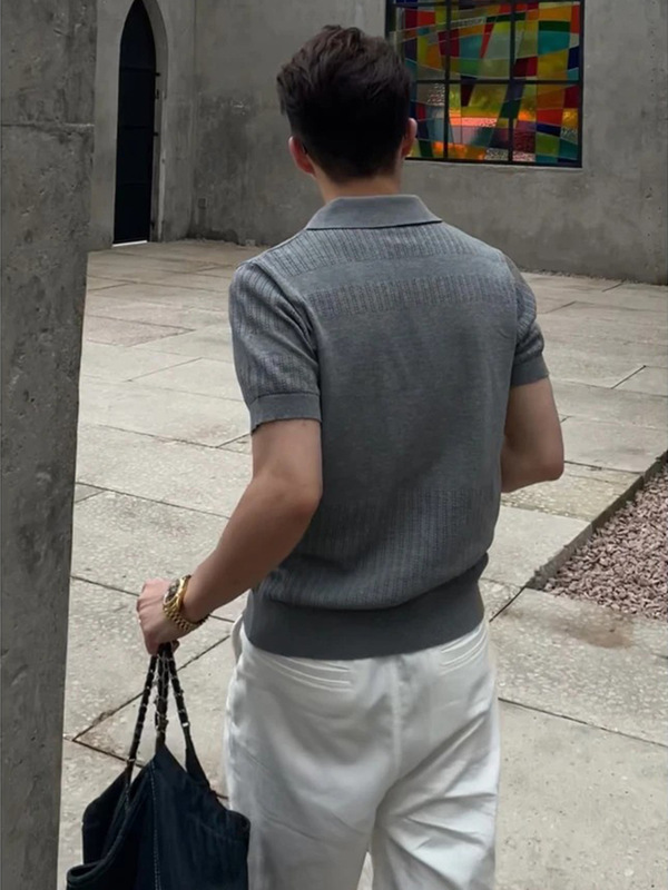 老钱风穿搭针织短袖polo衫男士夏季重磅翻领正肩t恤美式复古半袖|undefined