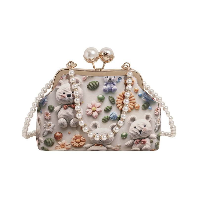 Bolso de mujer 2025 nueva impresión de tela lindo oso bolsa de cena concha de cadena de perlas bolso de mochila