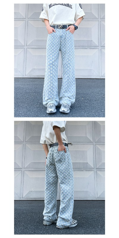 Men's Blue Jacquard Pattern Straight Jeans Flared High Street_voghion.com