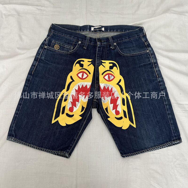 Cross-Border Foreign Trade Bape Kids Ape Tiger Head Print Denim Shorts Loose Street Style Wide-Leg Five-Point Pants for Men