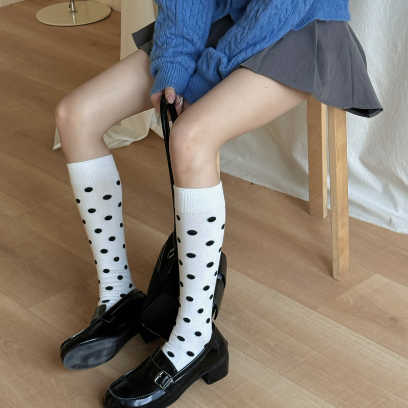 Ins Korean Dongdaemun Spring & Fall Sweet Polka Dot Calf Socks Basic Versatile Slimming Look Aerobic Cotton Knee-High Women's Socks