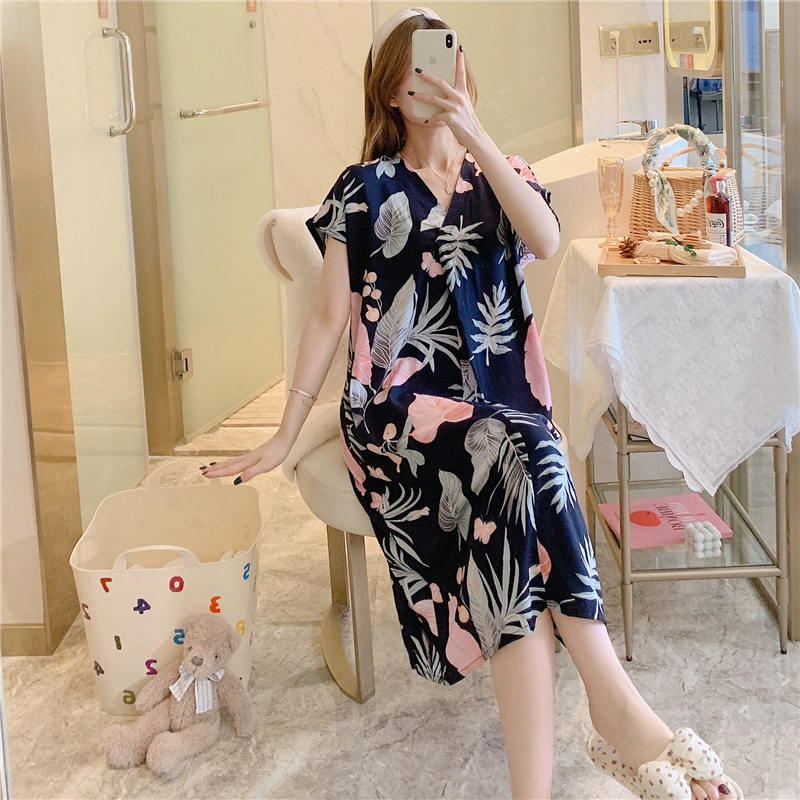 Camisón de seda de algodón para mujer verano nuevo Pijama estampado de dibujos animados de manga corta estilo coreano más tamaño ropa para el hogar suelta de seda de algodón delgada