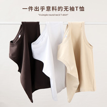 美式230g重磅纯棉T恤男士杏色米白色女无袖背心情侣款宽肩小圆领