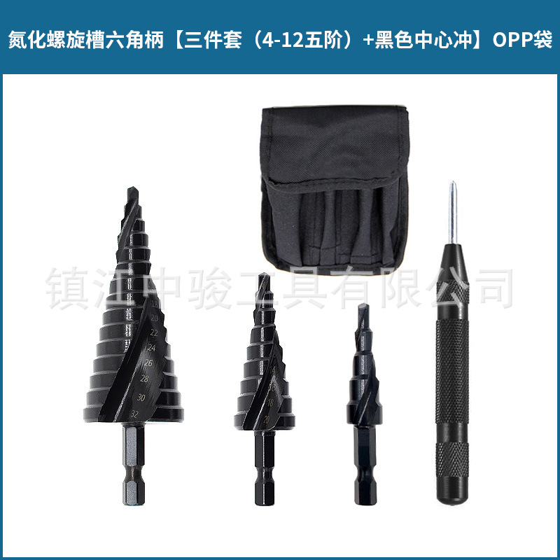 Transfronterizo negro espiral ranura escalera taladro mango hexagonal nitruro acero de alta velocidad métrica pagoda taladro Centro de perforación ponche