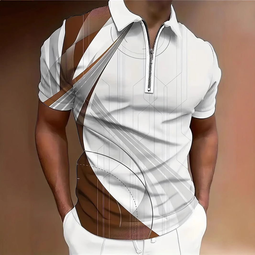 Camisa POLO con cremallera de manga corta con estampado digital 3D para hombre de verano transfronterizo de estilo deportivo y casual patrón geométrico MB13