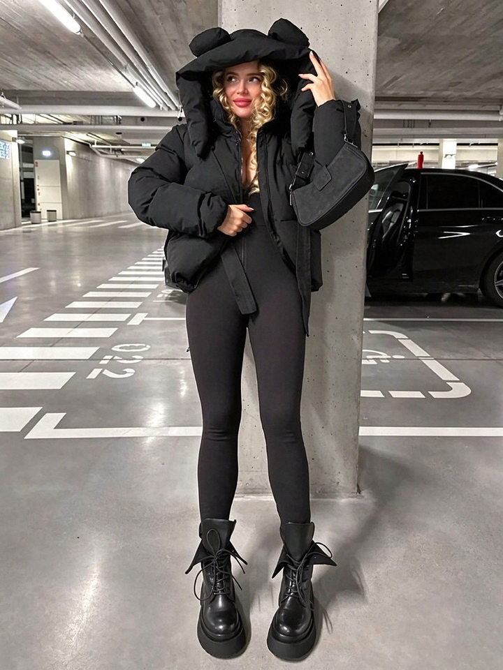 Áo khoác bông nữ dáng ngắn có mũ, tai gấu trúc, dây rút, phom rộng giữ ấm — màu đỏ, đen chi tiết 7