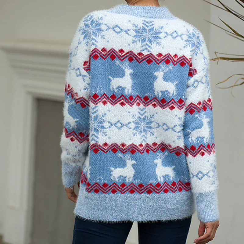 Pull de Noël douillet en maille jacquard à motif cerf, coupe ample, col rond, style décontracté, en fil doux._voghion.com