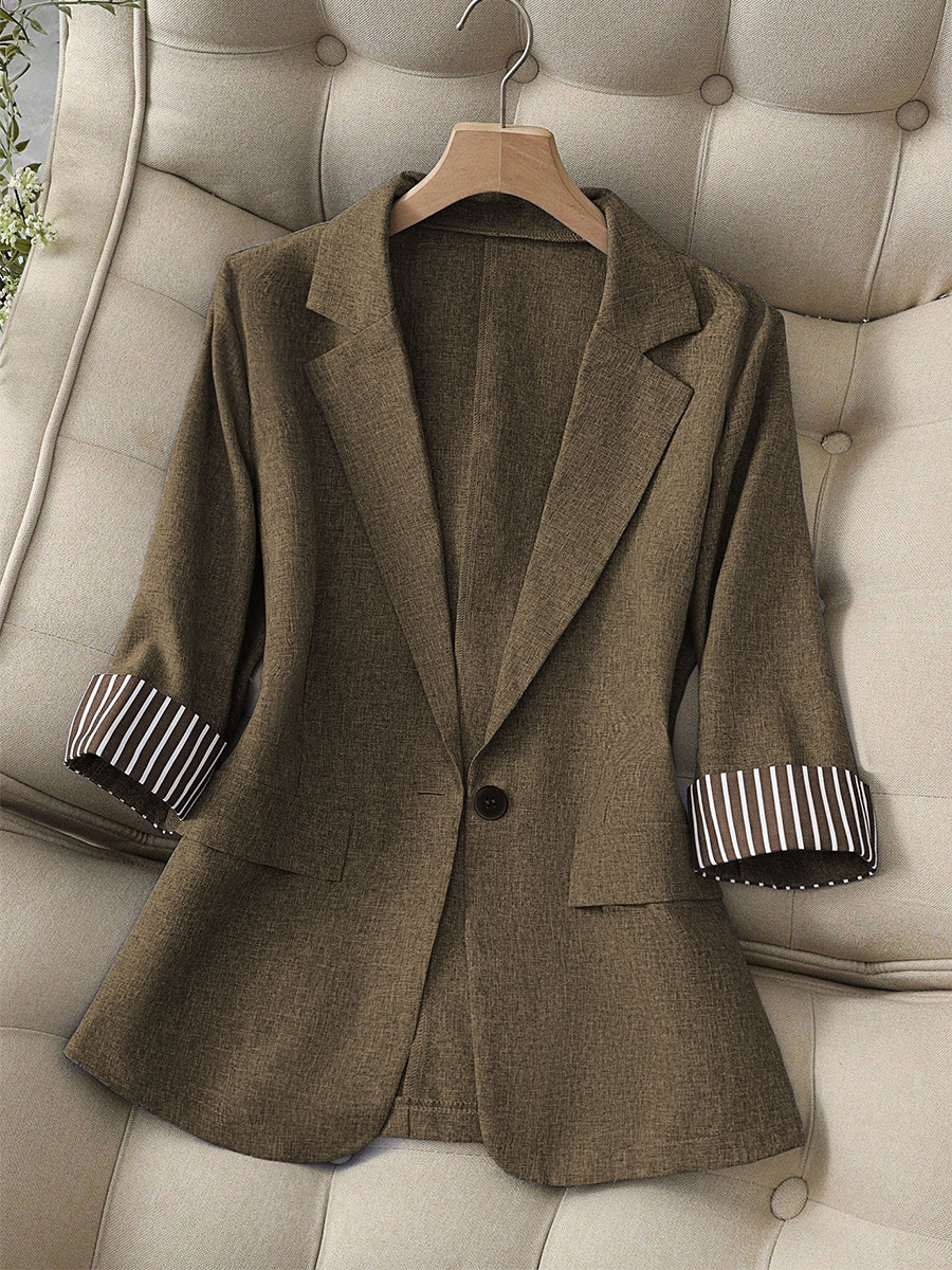 Women's Slim Fit Blazer Quarter Sleeve Single Button Casual Jacket_voghion.com