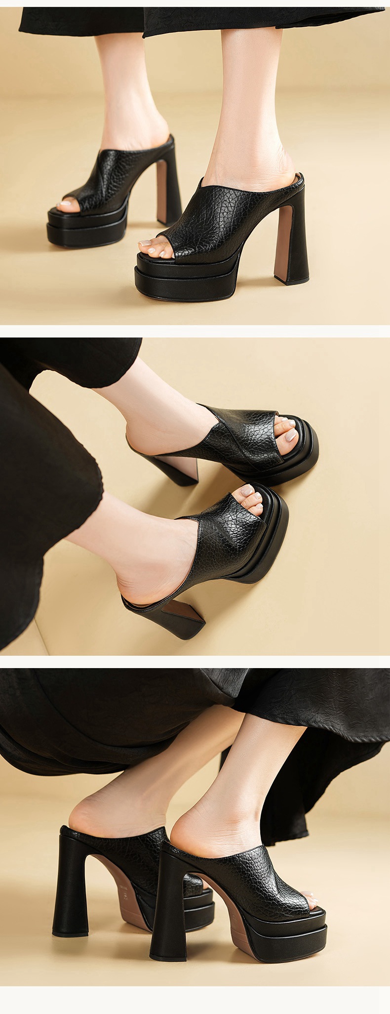 Sandal cao gót nữ mũi hở da bò gót thô đế dày 13 cm — đen chi tiết 4