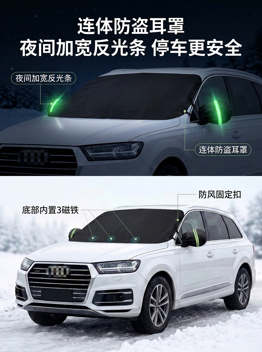 Car snow cover for front windshield, thickened windscreen, anti-freeze magnetic 600D Oxford cloth snow cover, car cover