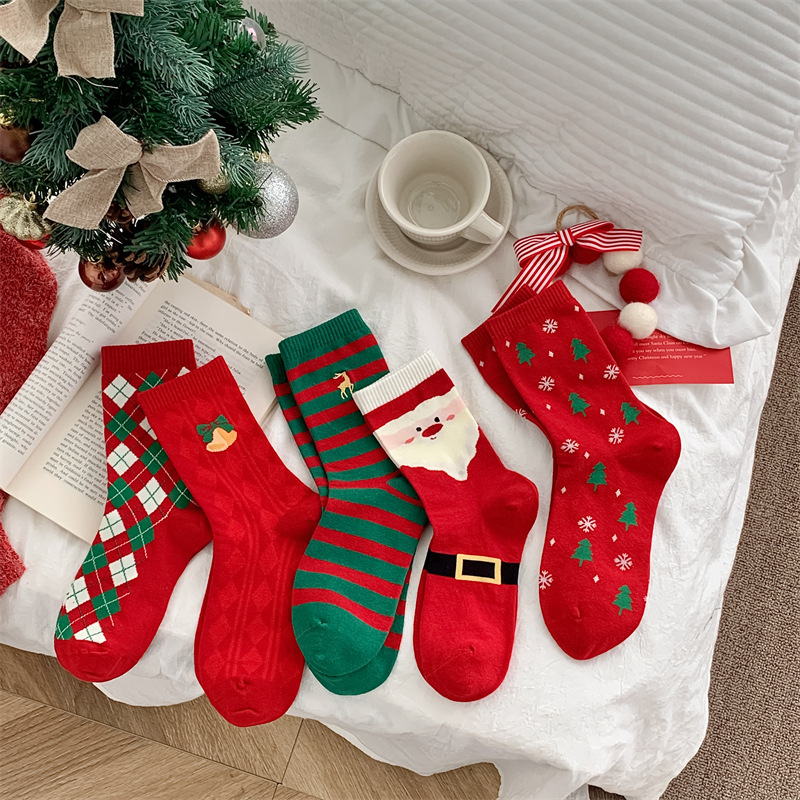New Socks for Women, Autumn and Winter Christmas Socks, Women's Mid-Calf Socks, Christmas Cotton Socks, New Year's Red Socks