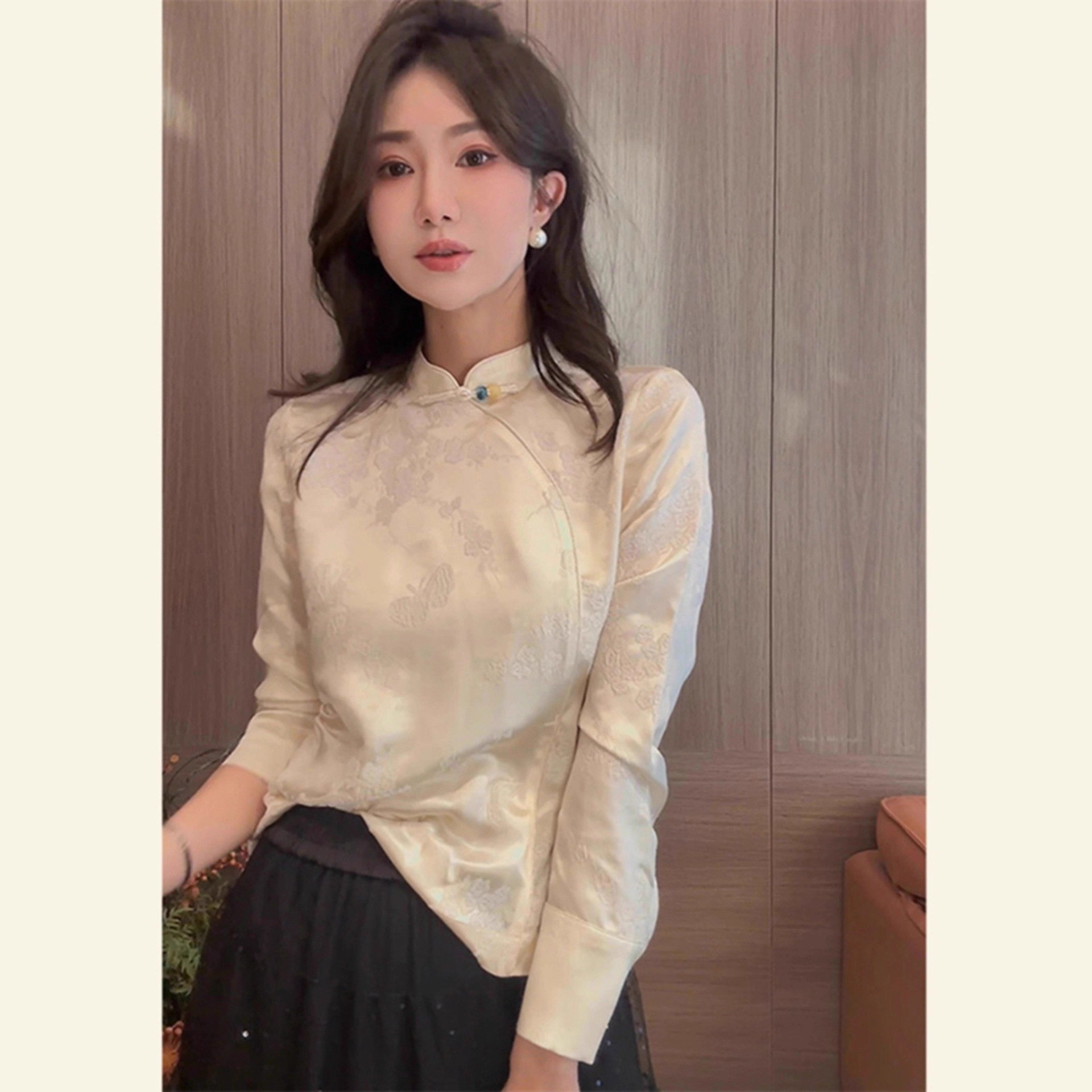 Z250065穿搭改良唐装盘扣上衣设计感小众新中式国风减龄提花衬衫