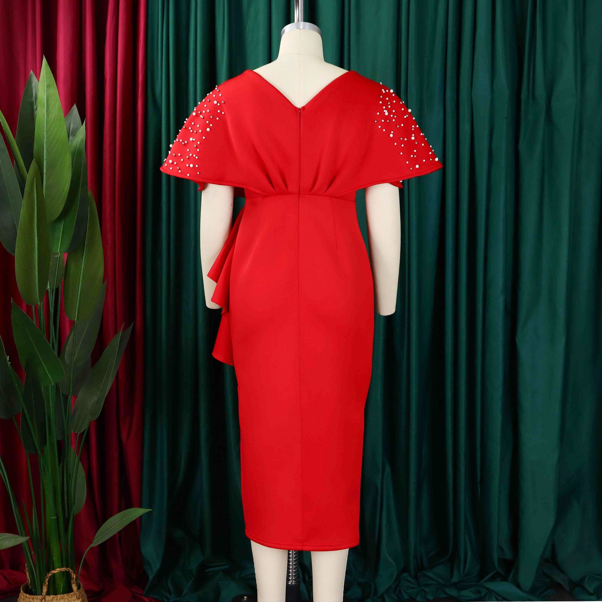 Robe de soirée sexy à col en V et à volants avec fente perlée, robe de banquet de tempérament de célébrité_voghion.com