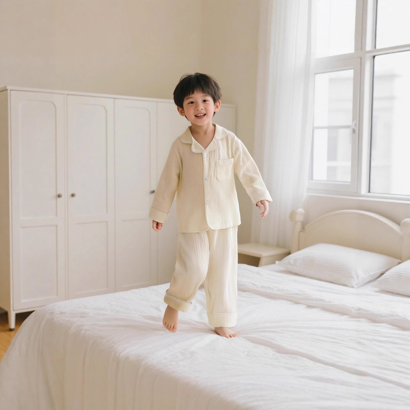 Pure Cotton Gauze Kidsren's Pajamas Lapel Pure Color Loose Long-Sleeved Pants for Boys and Girls Home Clothes Suit Spring & Fall