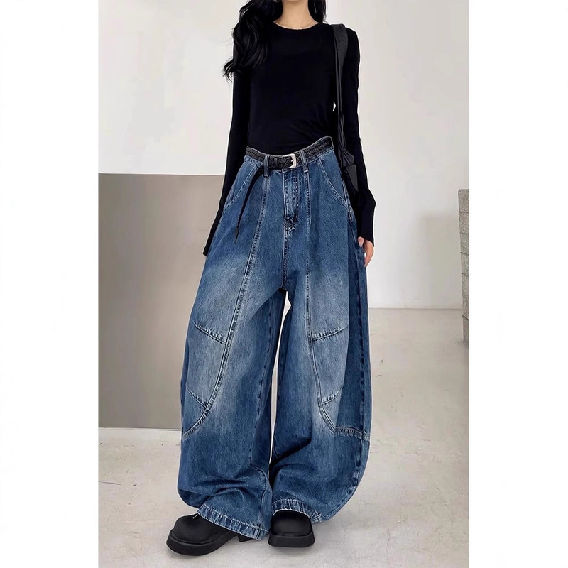 十三行~美式街头感宽松牛仔裤女2025秋季新款百搭裁片洗水弯刀裤|undefined