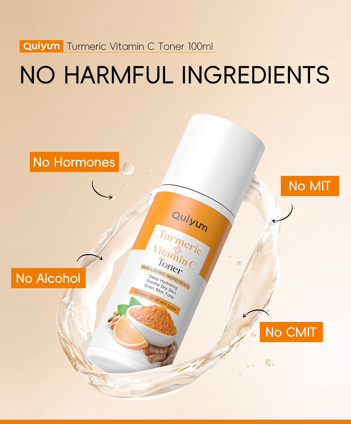 Cross-border new product QUIYUM Turmeric Vitamin c Toner 100ml for hydrating and moisturizing the face is available for wholesale from the manufacturer undefined