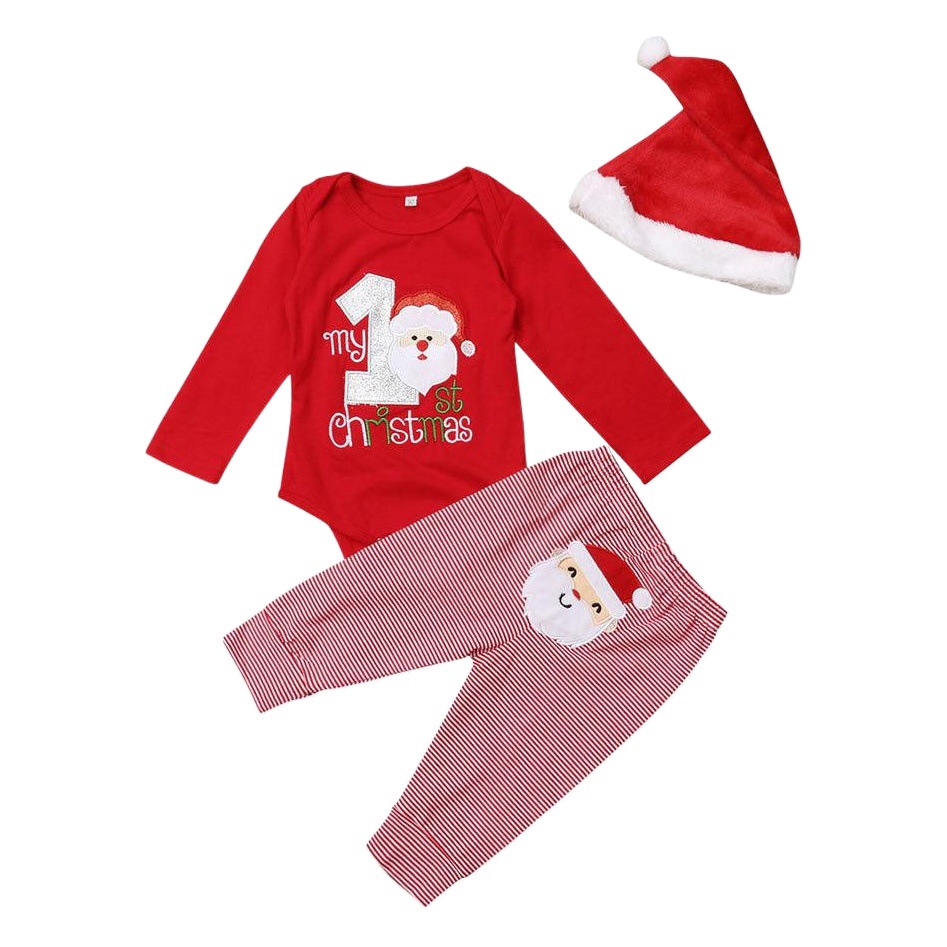 INS Navidad ropa infantil Otoño e Invierno traje infantil Santa Claus Top + Pantalones a rayas sombrero infantil traje de tres piezas