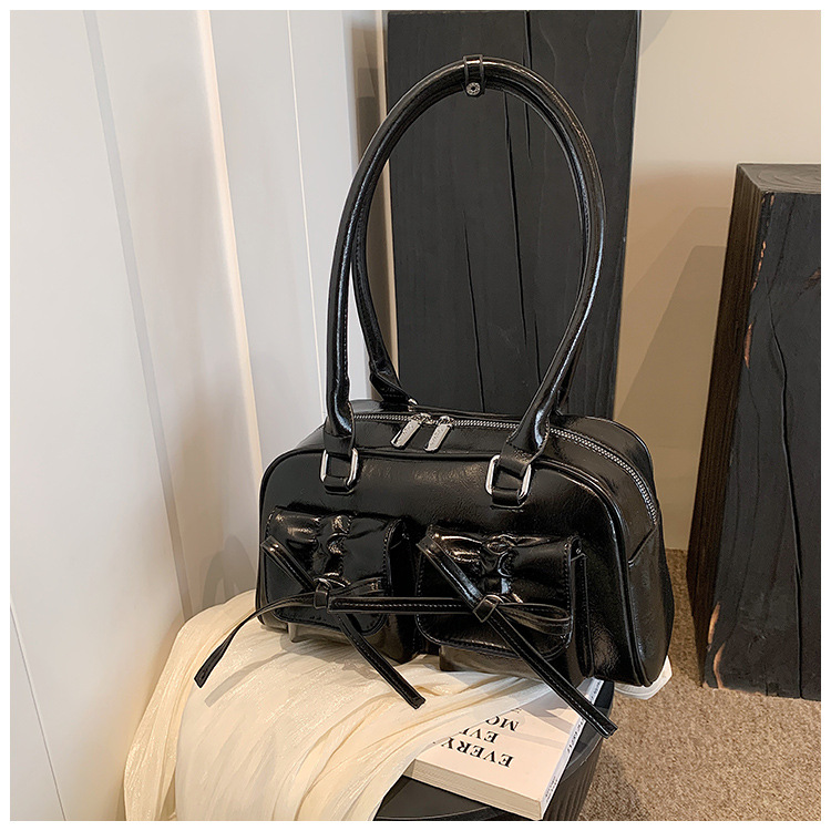 Streetwear Style Small Size Women's Small Pu Leather Bow Knot Streetwear Zipper Underarm Bag