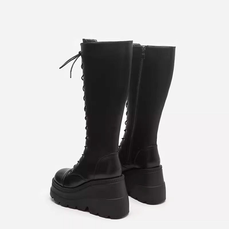 Thick-Soled Motorcycle Rider Boots, Knee-High Height-Increasing Shoes, Cos20Cm Lace-Up Single-Lined Boots, Slim High Boots, Boots