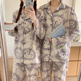 韩国ins女士秋季新品韩版情侣水墨翻领宽松家居服睡衣套装家居服