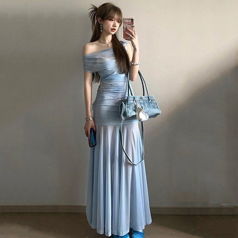 2026 Blue Tie-Dye One-Shoulder Dress Summer 2025 Patchwork Stunning Slim-Fit Mesh Set with Waist-Cinching Design 2026 Blue Tie-Dye One-Shoulder Dress Summer 2025 Patchwork Stunning Slim-Fit Mesh Set with Waist-Cinching Design