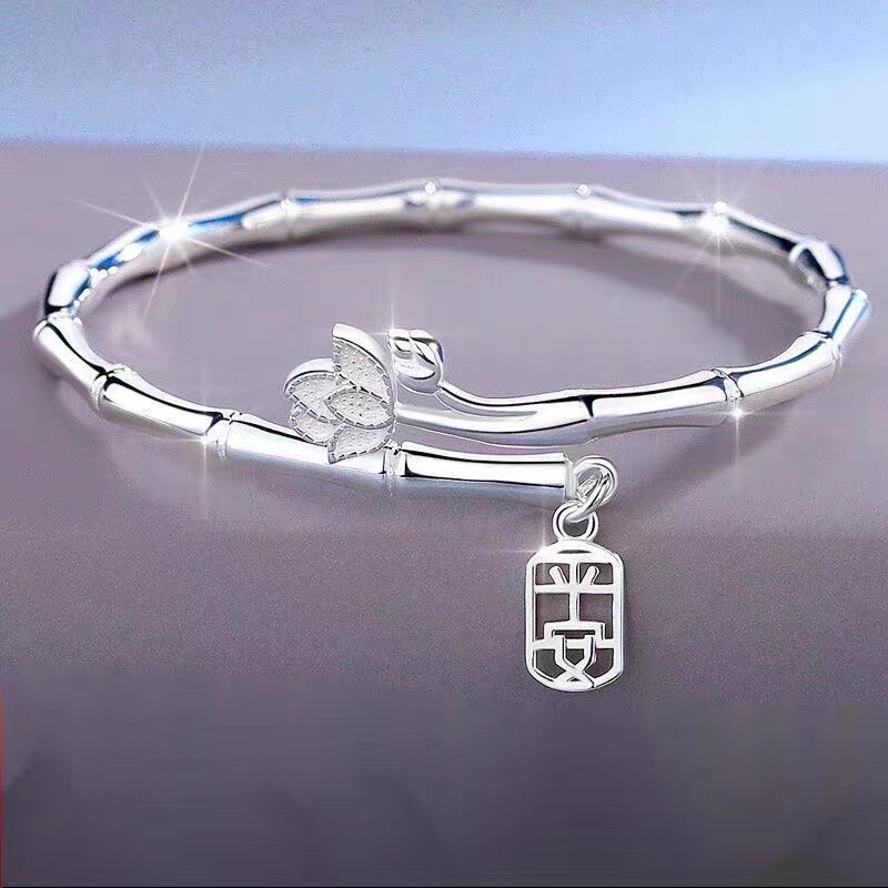 9999新型平安竹節蓮花銀ブレスレット女性新型ファッションブレスレット個性アクセサリー工場卸売り直売|undefined
