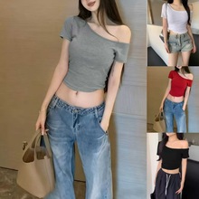 女士纯欲斜露肩短袖t恤女夏季新款紧身短款露脐修身辣妹上衣ins潮