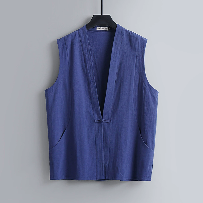 Летний тонкий льняной жилет без рукавов, мужской жилет на пуговицах из хлопка и льна в китайском стиле, ретро китайский костюм Тан, свободный жилет