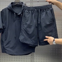 夏季薄款速干连帽短袖短裤情侣宽松百搭两件套户外休闲运动套装男