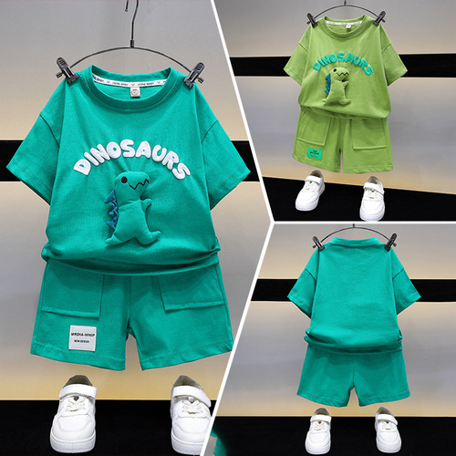 Summer Thin Set Children's Clothing for Young Boys - 3D Dinosaur T-Shirt and 5/8 Pants Two-Piece Set
