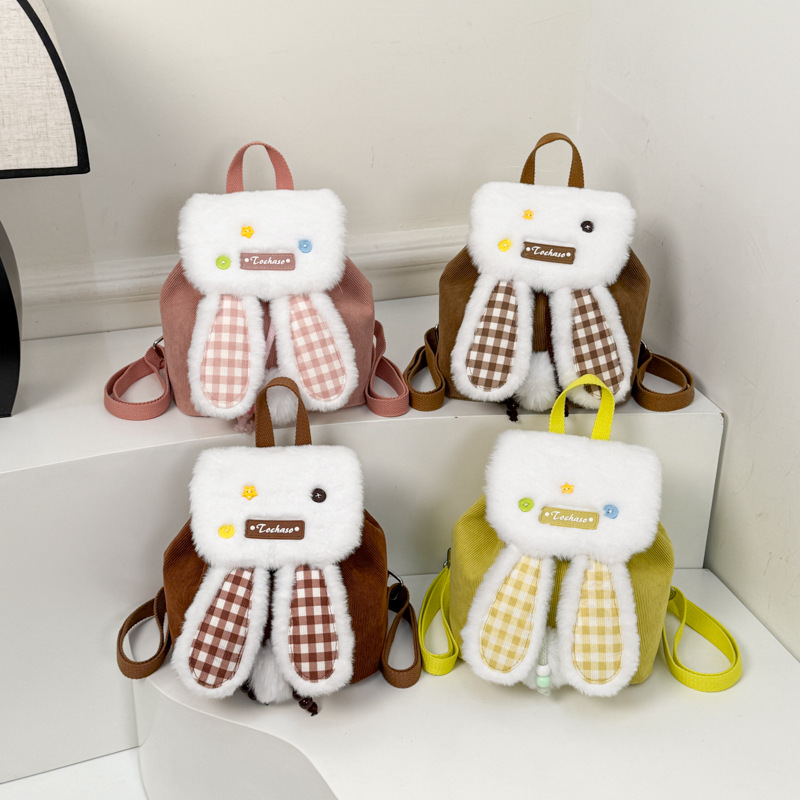 Nueva mochila infantil lindas de peluche cuadriculado orejas de conejo bolsas escolares de estilo extranjero cuerda de dibujo mochila de moda para niños y niñas