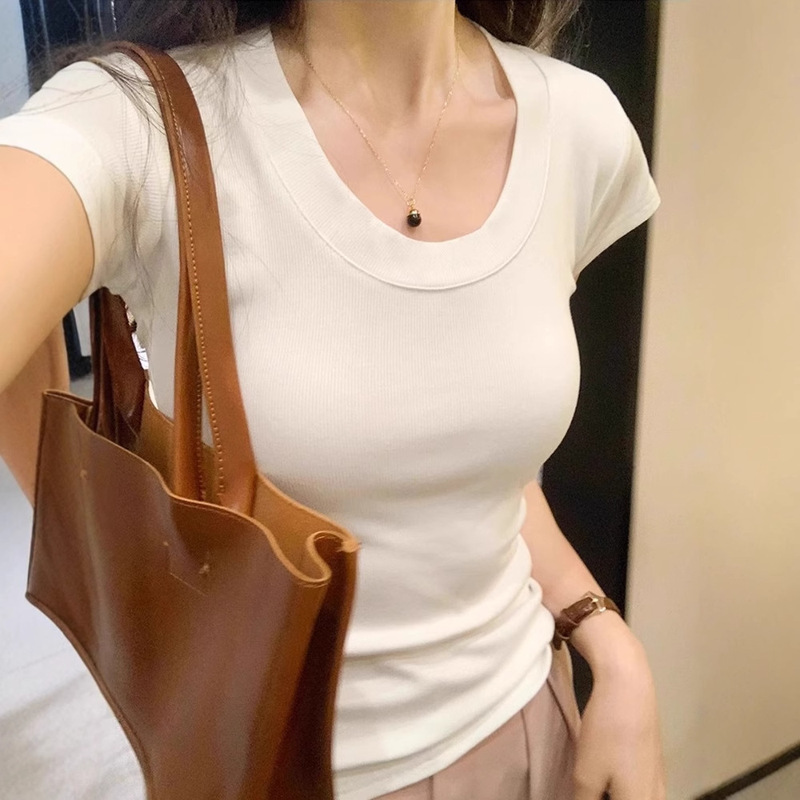Solid Color Basic U-Neck Short-Sleeve T-Shirt for Women, Elastic Inner Layer, Slim Fit, Simple Top, Trendy