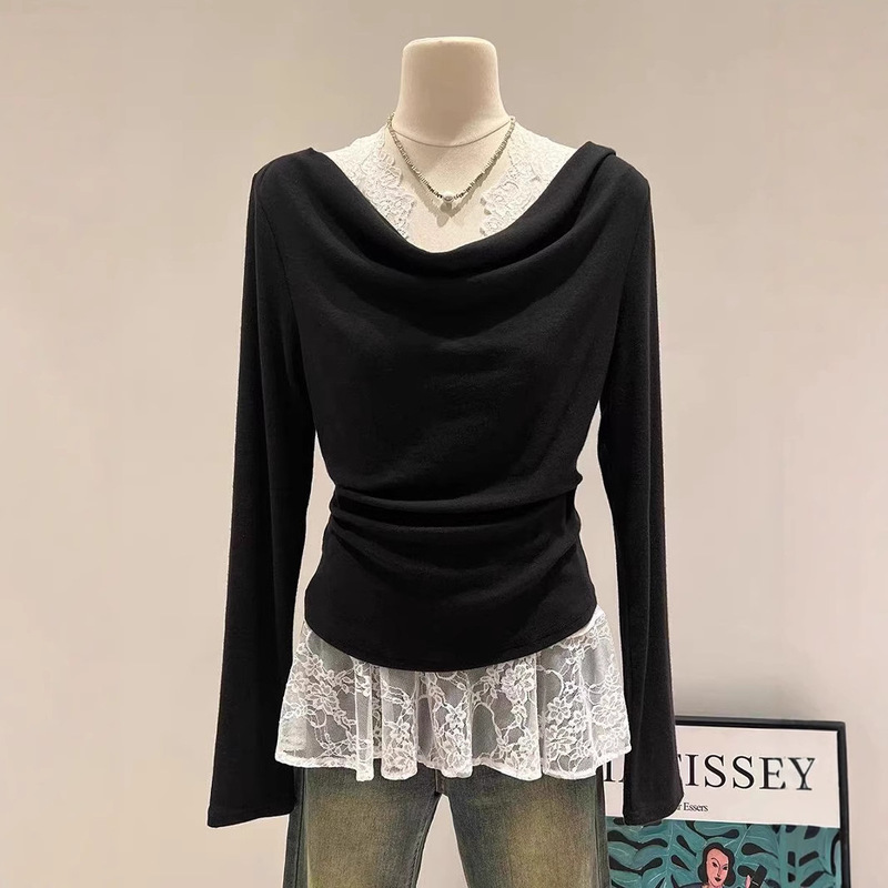 Design-Sense Swing Neck Slim-Fit Slim Elastic Comfortable Breathable Shoulder Long-Sleeved Base Top for Women