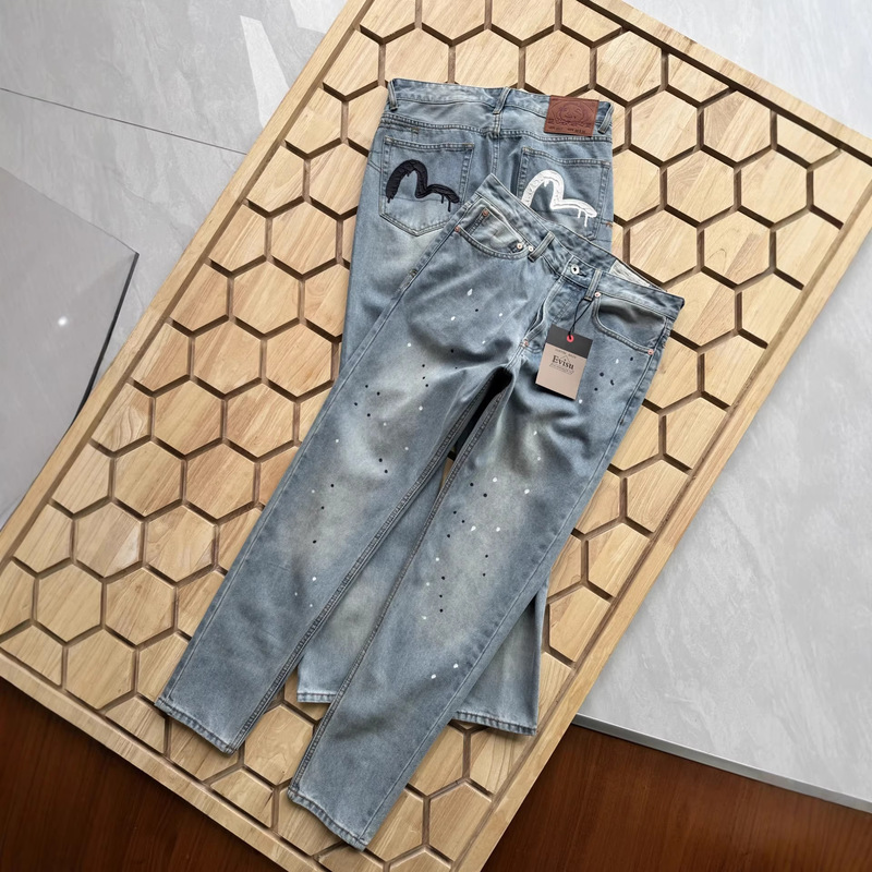 26Ss Spring New Style Evisu Men's Seagull Print Tapered Fit Casual Loose Washed Jeans