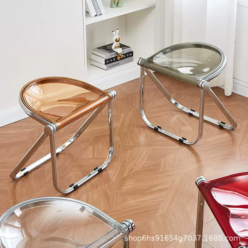 中古折叠椅ins透明凳办公休闲餐椅亚克力化妆凳咖啡店金属折叠椅